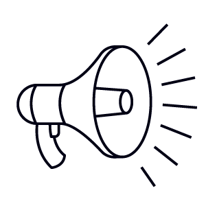 Contorno colorido de un megáfono con líneas de ruido que emanan de la boca.